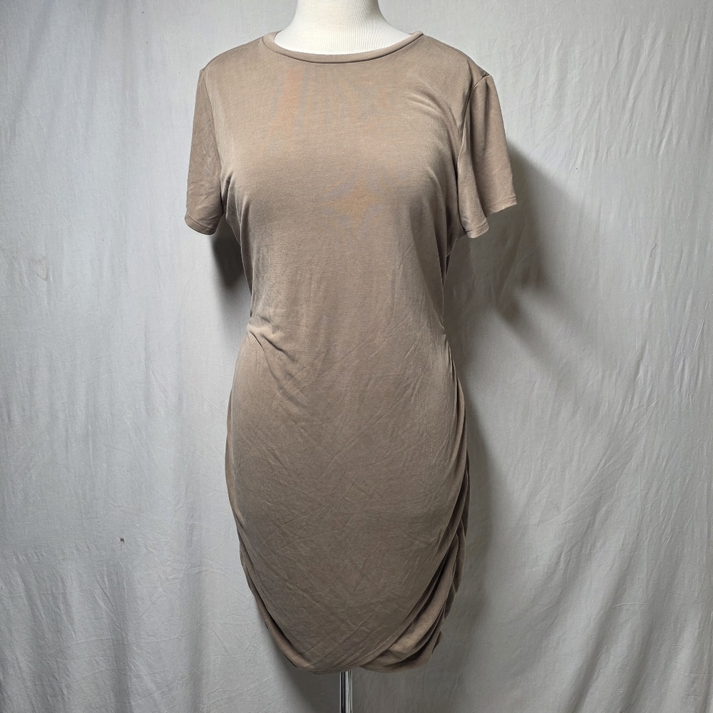 Express Tan Brown Round Neck Ruched T-Shirt Dress Size Large